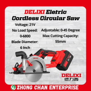 DELIXI 21V 6-Inch Cordless Circular Saw – 55mm Cutting Depth, 6.0Ah Power