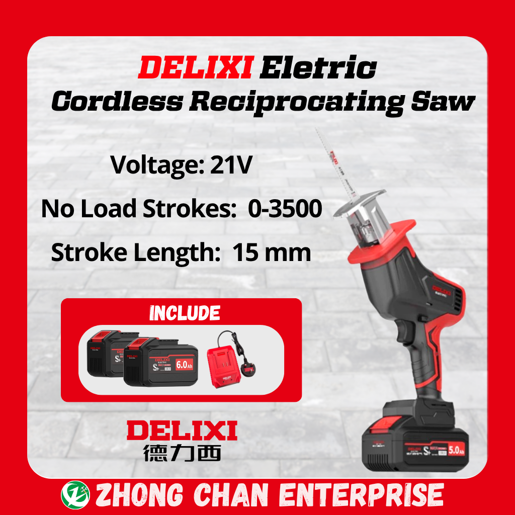 DELIXI 21V Cordless Reciprocating Saw – 15mm Stroke, 4.0Ah Power