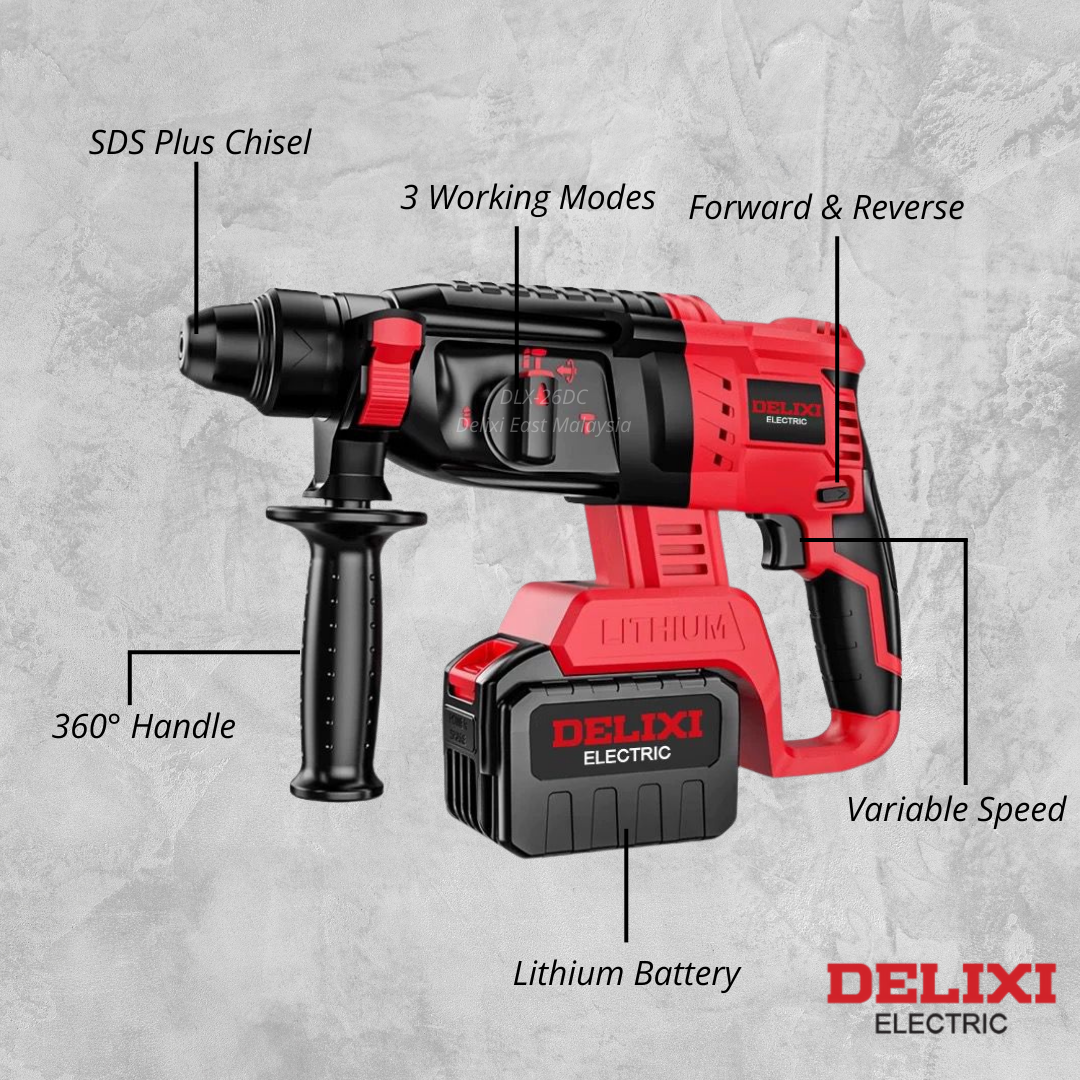 DELIXI 21V Cordless Rotary Hammer Drill 2.0J | 0-980RPM | 0-6200BPM | With 2 Batteries + Charger + Tool Box - Image 2