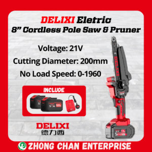 DELIXI 21V 8-Inch Cordless Pole Saw & Pruner – 200mm, 5400RPM Power