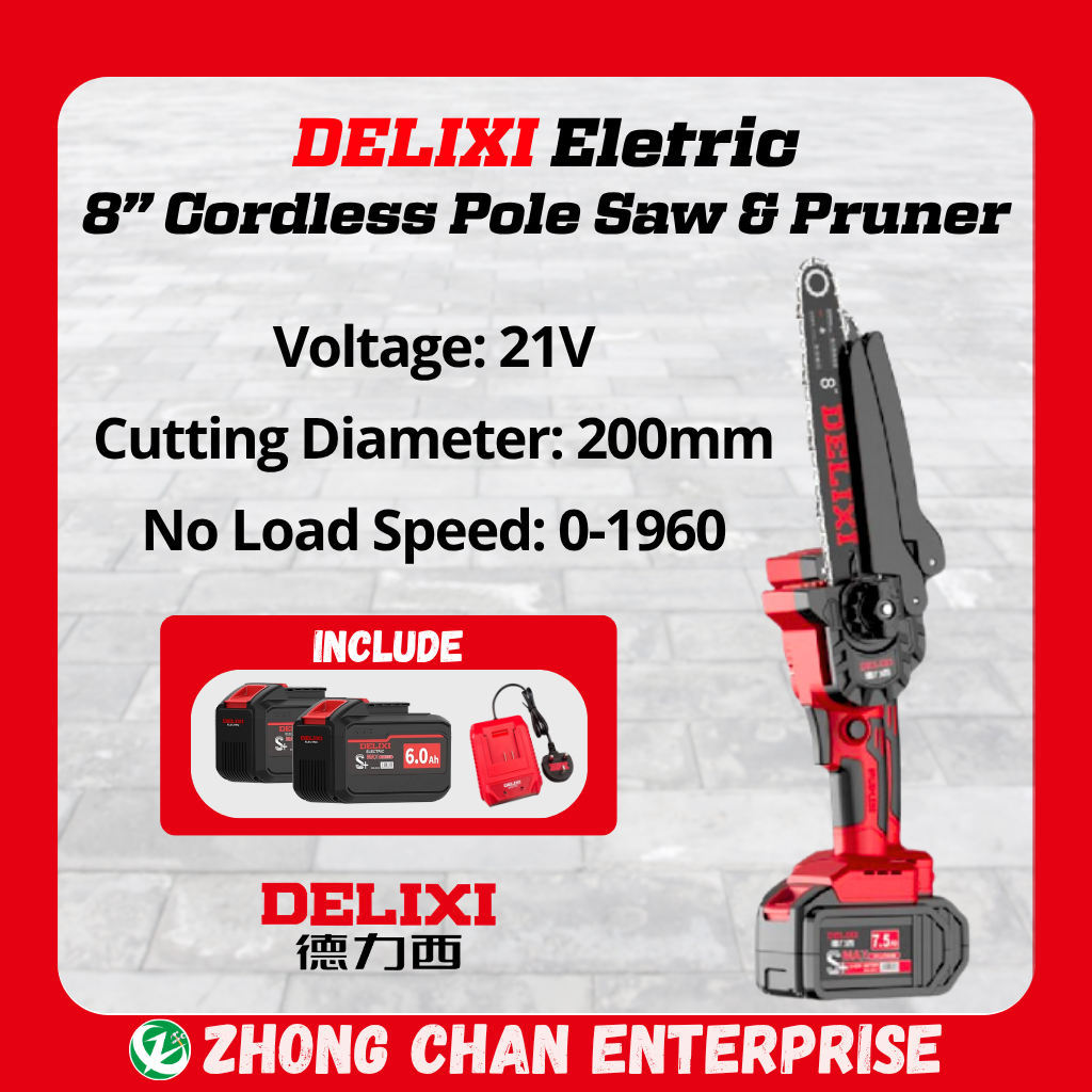 DELIXI 21V 8-Inch Cordless Pole Saw & Pruner – 200mm, 5400RPM Power