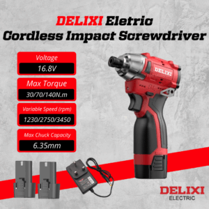 DELIXI 16.8V Cordless Impact Screwdriver 6.35mm | 30/70/140N·m | 1230/2750/3450RPM | 2 Batteries + Charger