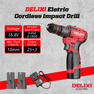 DELIXI 16.8V Cordless Impact Drill 10mm | 25+3 Torque Settings | 0-450/0-1800RPM | 2 Batteries + Charger