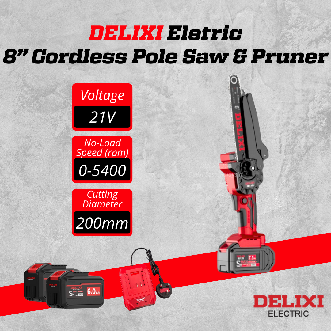DELIXI 21V 8-Inch Cordless Pole Saw & Pruner – 200mm, 5400RPM Power